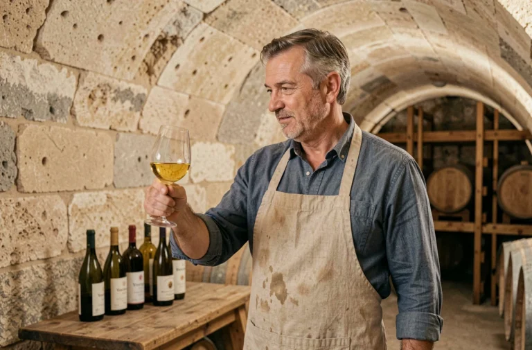 Vigneron de Vouvray examinant un verre de vin blanc doré dans une cave trogloditique en tuffeau de la Loire