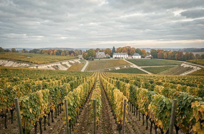 Panorama des vignes de Vouvray en vallée de la Loire à l'automne avec collines de tuffeau et village traditionnel
