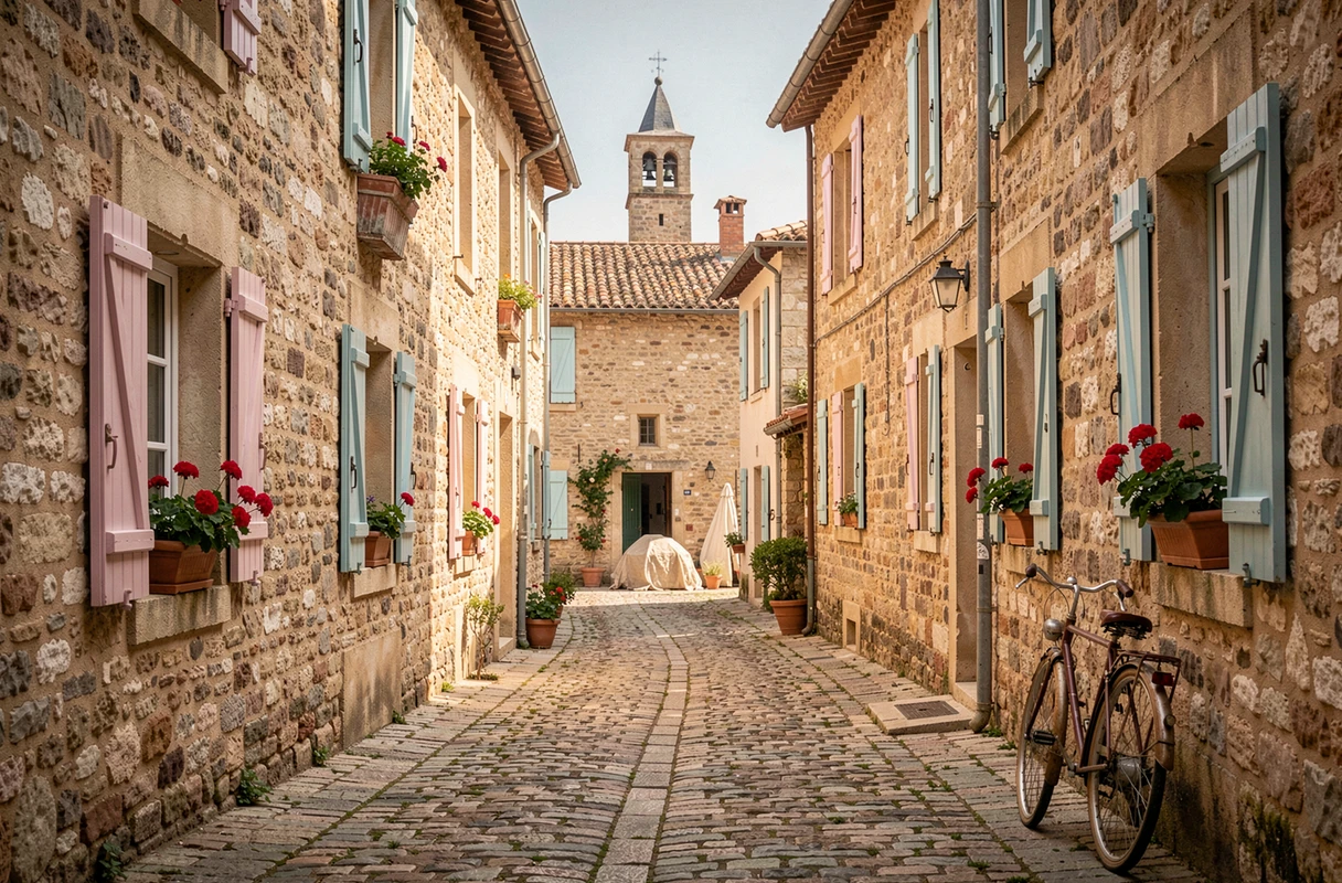 Rue pavée d'un village provençal avec mas en arrière-plan, ambiance typique du tournage de Demain nous appartient dans le sud de la France
