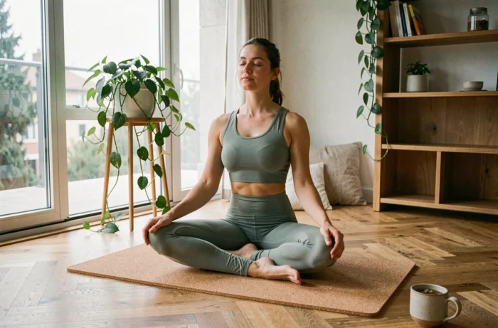 Mujer practicando yoga sobre una alfombra de corcho en un salón luminoso y natural, tendencia de bienestar y mindfulness
